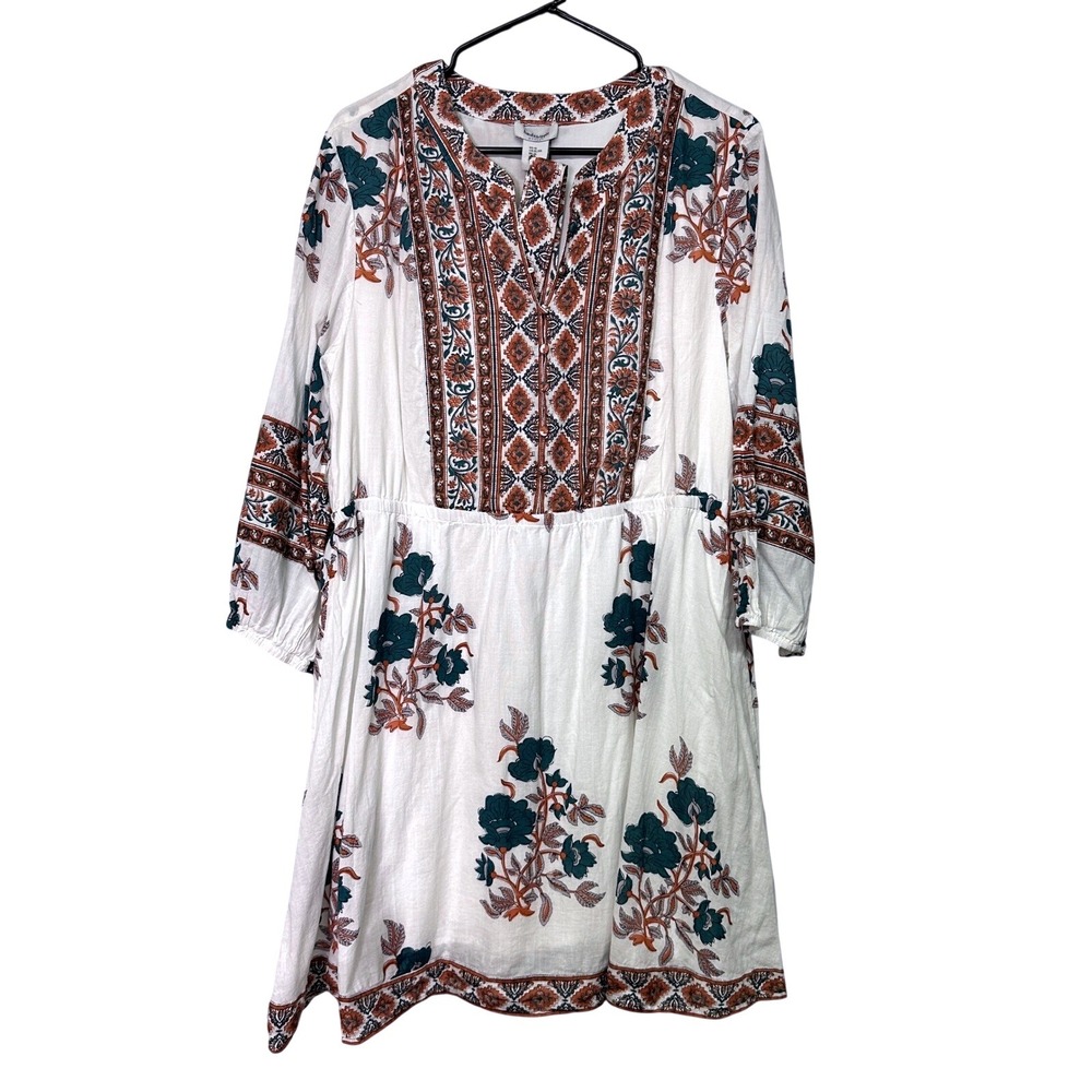 Haute Hippie Womens XL Floral Boho Mini Dress White Teal Rust Cotton